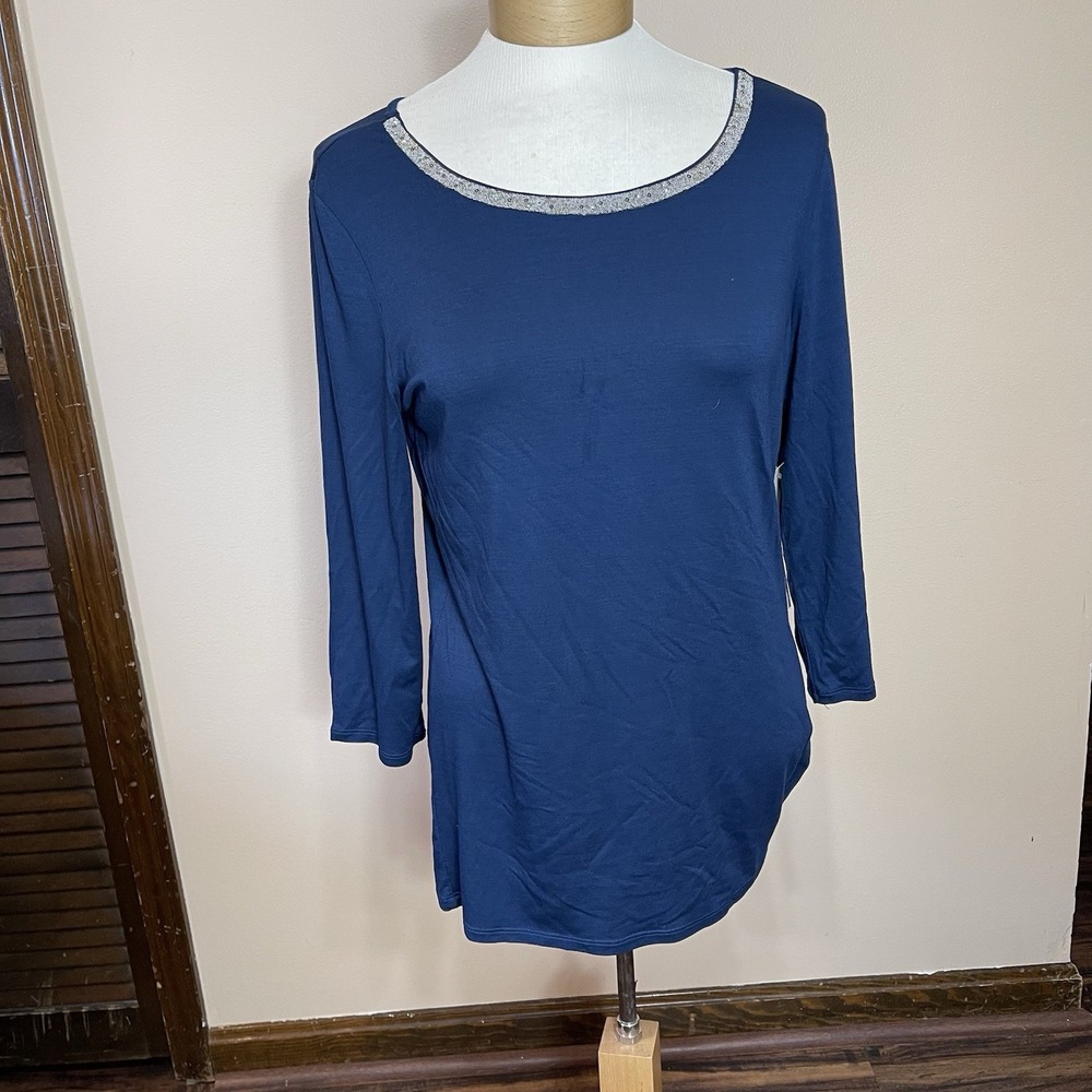 NEW Tribal Womens Deep Blue Beaded Neckline 3/4 Sleeve Top 22160-5145 Size M‎